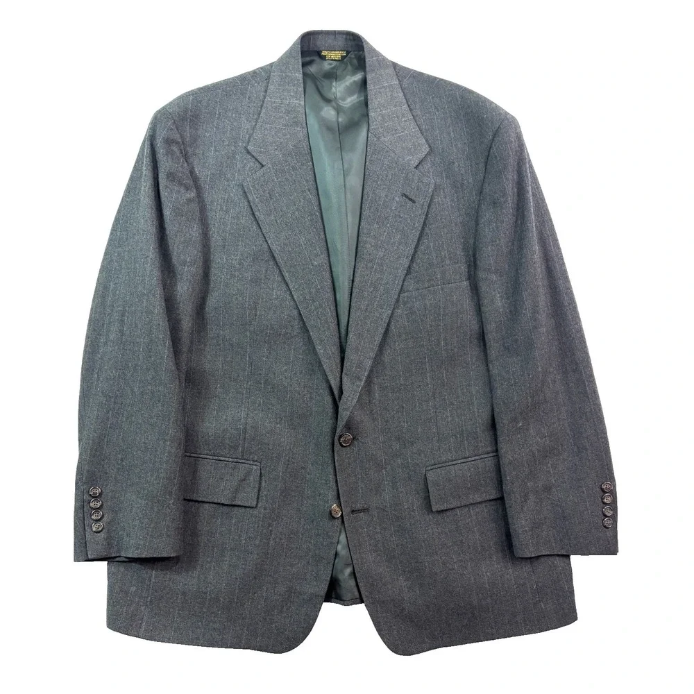 vtg USA Made 46R 40x30 Gray Tan Stipe Flannel Wool 2pc Pant Suit Pleated Cuffed